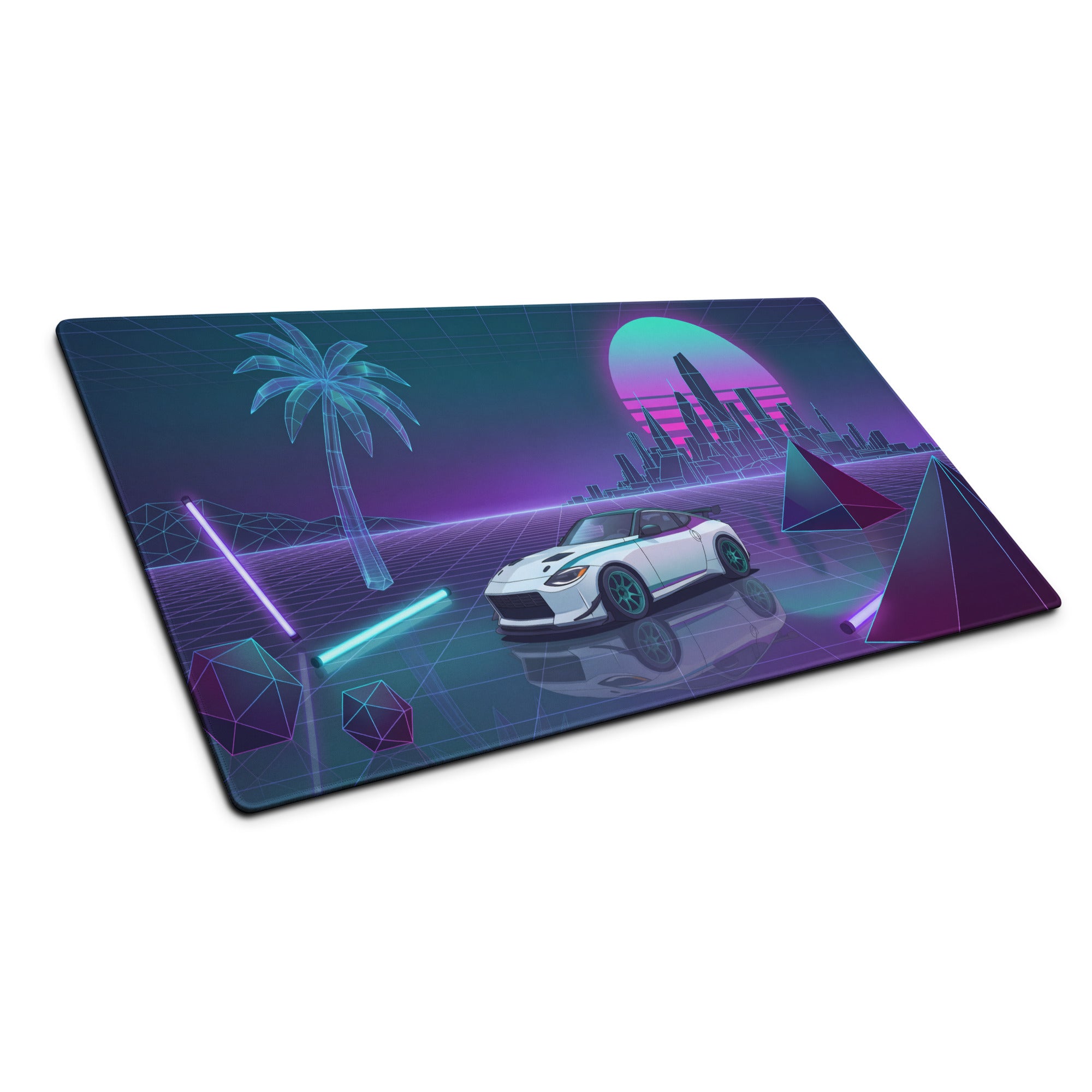 Nissan Z RZ34 Inspired White Vaporwave Gaming Mouse Pad, Neon JDM Sports Car Desk Mat with Retro Futuristic City Grid Art