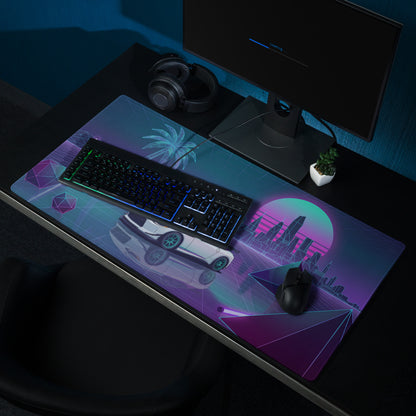 Nissan Z RZ34 Inspired White Vaporwave Gaming Mouse Pad, Neon JDM Sports Car Desk Mat with Retro Futuristic City Grid Art