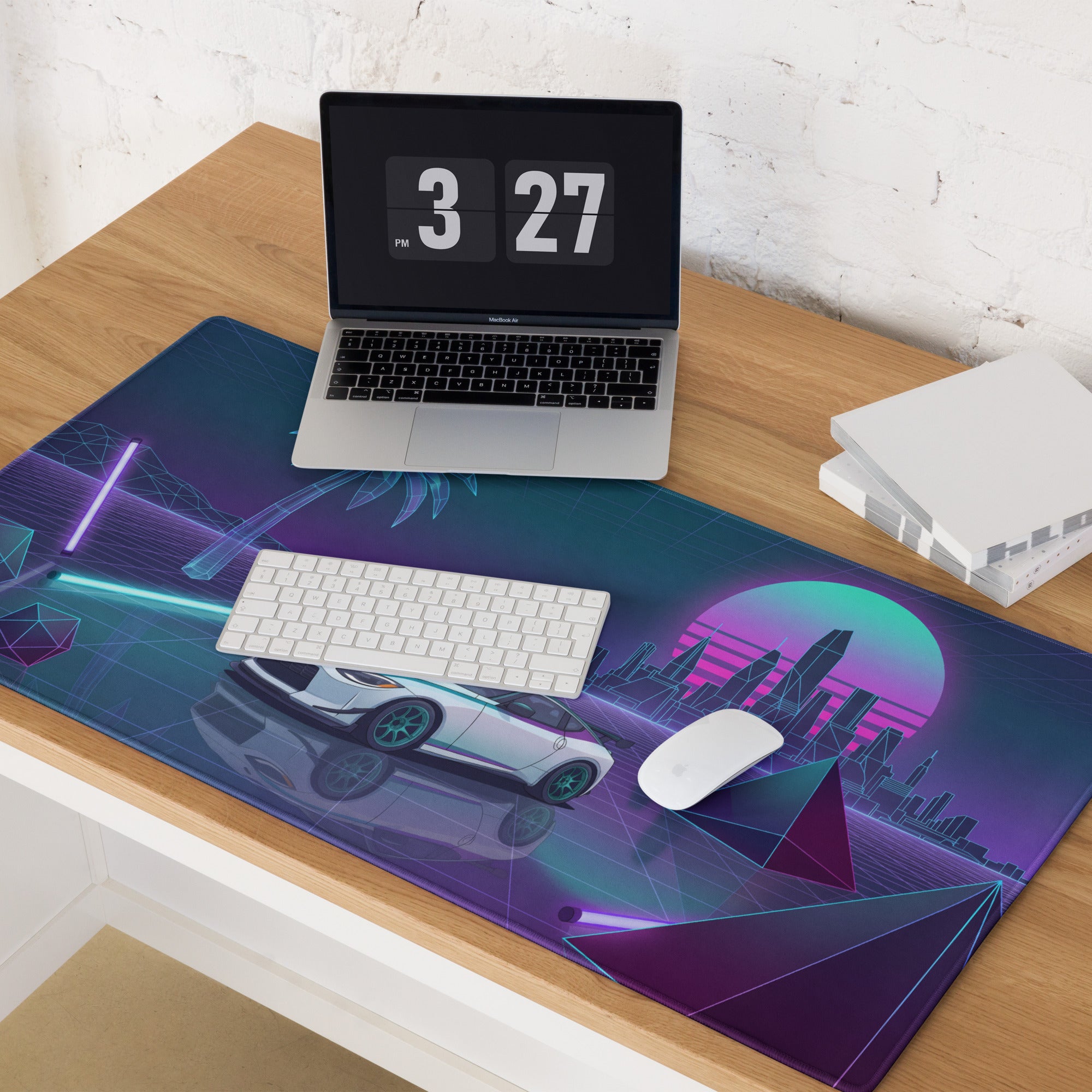 Nissan Z RZ34 Inspired White Vaporwave Gaming Mouse Pad, Neon JDM Sports Car Desk Mat with Retro Futuristic City Grid Art