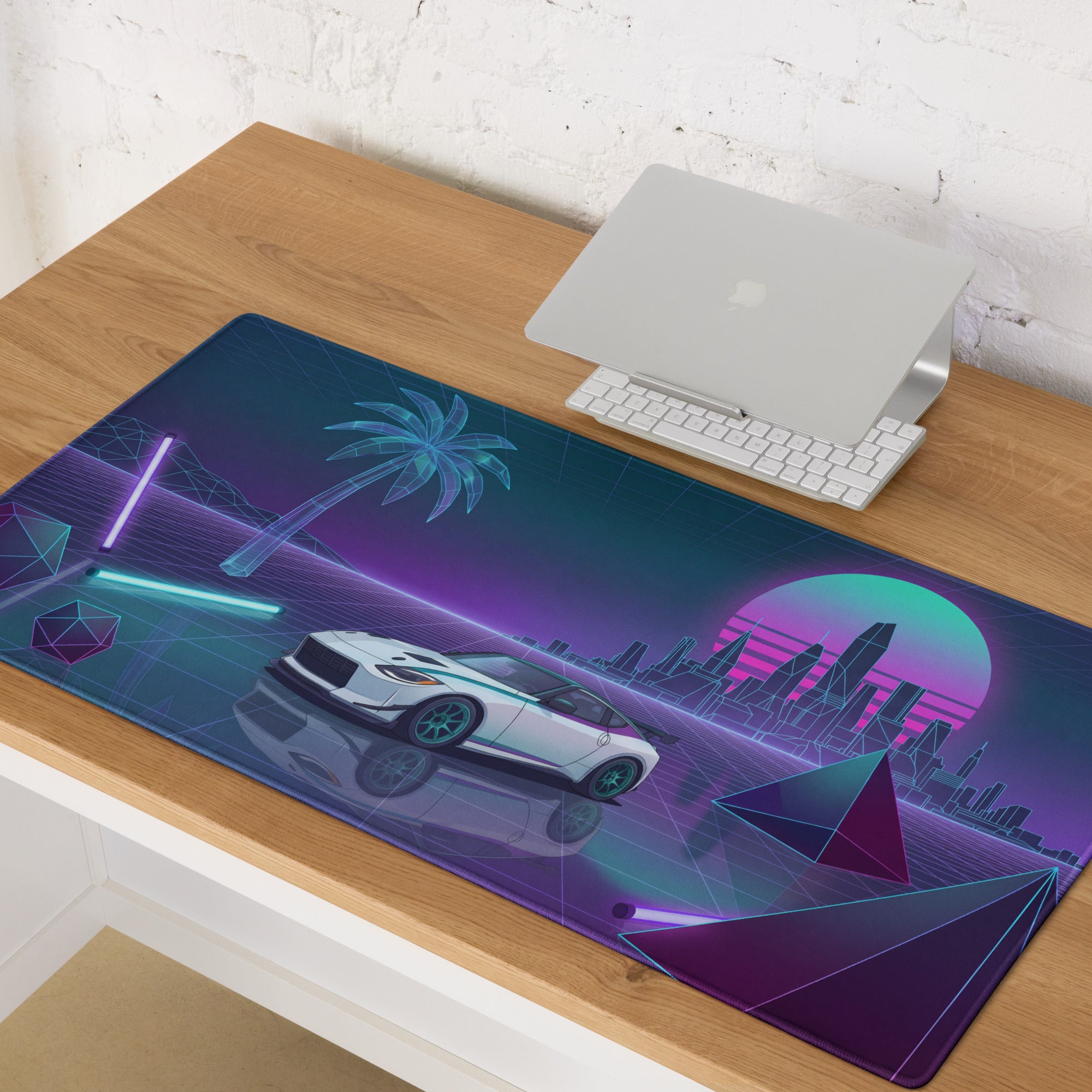 Nissan Z RZ34 Inspired White Vaporwave Gaming Mouse Pad, Neon JDM Sports Car Desk Mat with Retro Futuristic City Grid Art