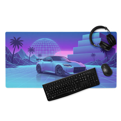 Nissan Z RZ34 Inspired Blue Vaporwave Gaming Mouse Pad, Neon JDM Sports Car Desk Mat with Retro Futuristic Grid Landscape Art