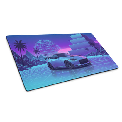 Nissan Z RZ34 Inspired Blue Vaporwave Gaming Mouse Pad, Neon JDM Sports Car Desk Mat with Retro Futuristic Grid Landscape Art