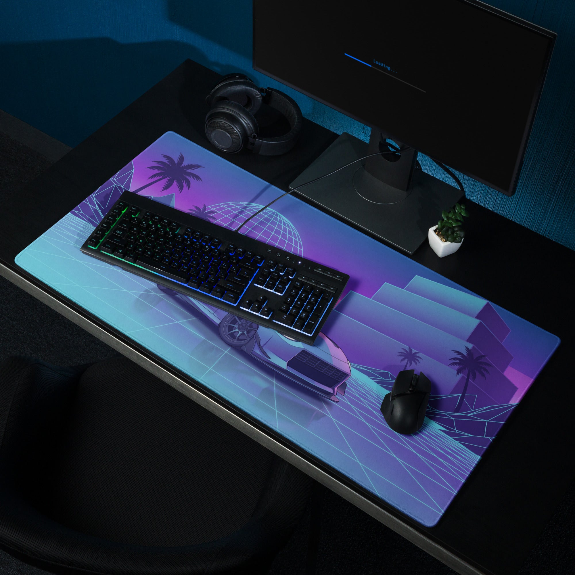 Nissan Z RZ34 Inspired Blue Vaporwave Gaming Mouse Pad, Neon JDM Sports Car Desk Mat with Retro Futuristic Grid Landscape Art