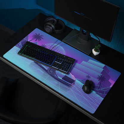 Nissan Z RZ34 Inspired Blue Vaporwave Gaming Mouse Pad, Neon JDM Sports Car Desk Mat with Retro Futuristic Grid Landscape Art