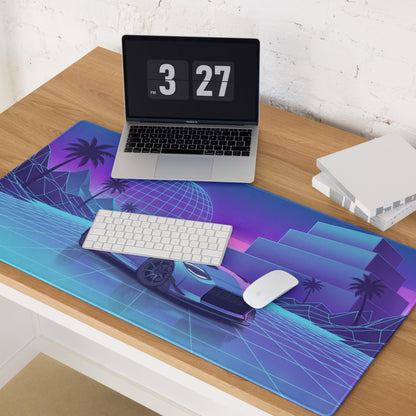 Nissan Z RZ34 Inspired Blue Vaporwave Gaming Mouse Pad, Neon JDM Sports Car Desk Mat with Retro Futuristic Grid Landscape Art
