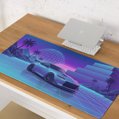 Nissan Z RZ34 Inspired Blue Vaporwave Gaming Mouse Pad, Neon JDM Sports Car Desk Mat with Retro Futuristic Grid Landscape Art