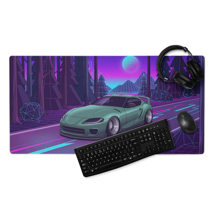 Toyota Supra MK5 Inspired Green Vaporwave Gaming Mouse Pad, Neon JDM Sports Car Desk Mat with Retro Futuristic Forest Grid Art