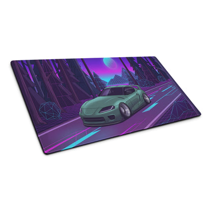 Toyota Supra MK5 Inspired Green Vaporwave Gaming Mouse Pad, Neon JDM Sports Car Desk Mat with Retro Futuristic Forest Grid Art