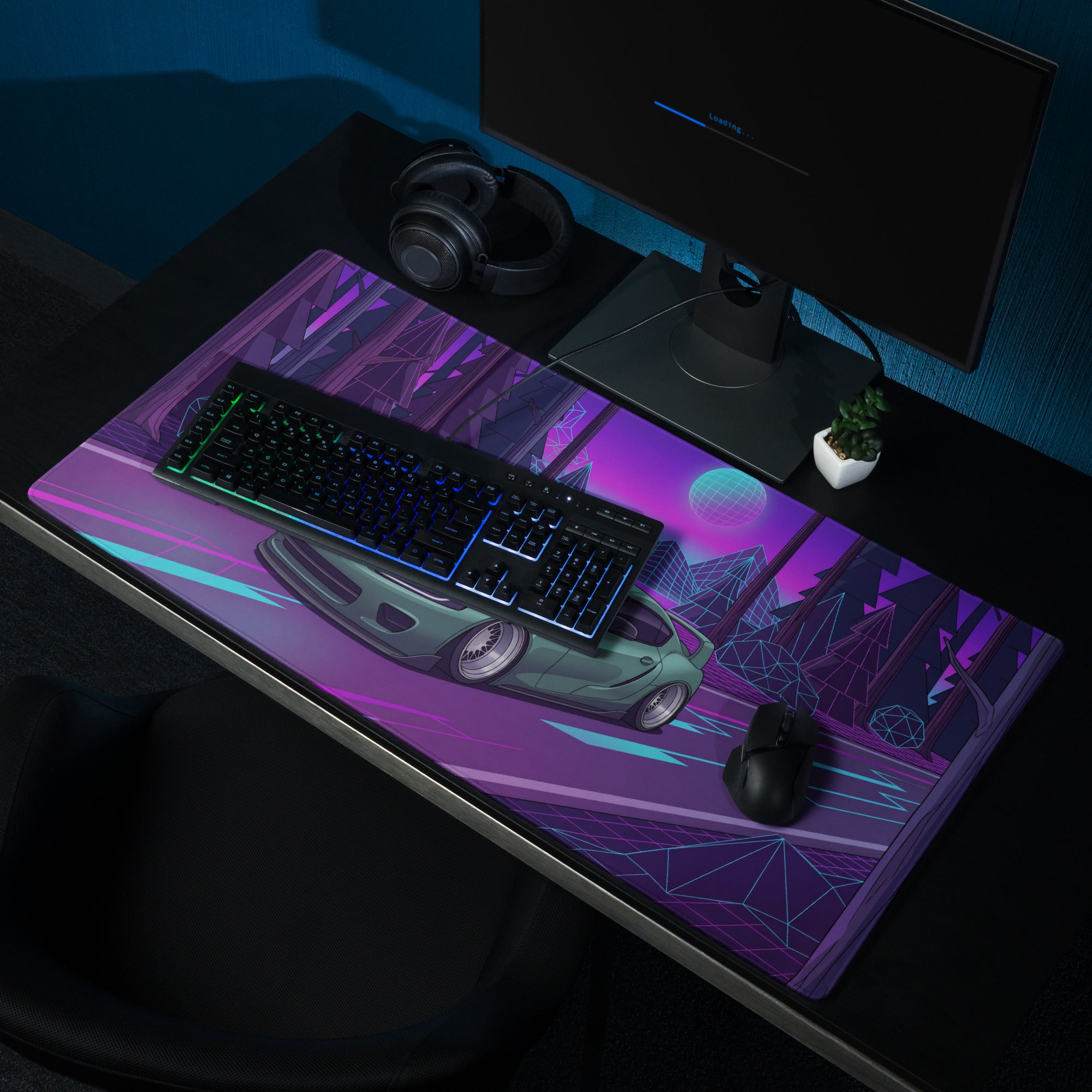 Toyota Supra MK5 Inspired Green Vaporwave Gaming Mouse Pad, Neon JDM Sports Car Desk Mat with Retro Futuristic Forest Grid Art