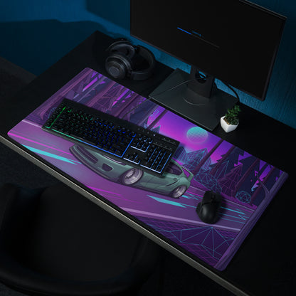Toyota Supra MK5 Inspired Green Vaporwave Gaming Mouse Pad, Neon JDM Sports Car Desk Mat with Retro Futuristic Forest Grid Art