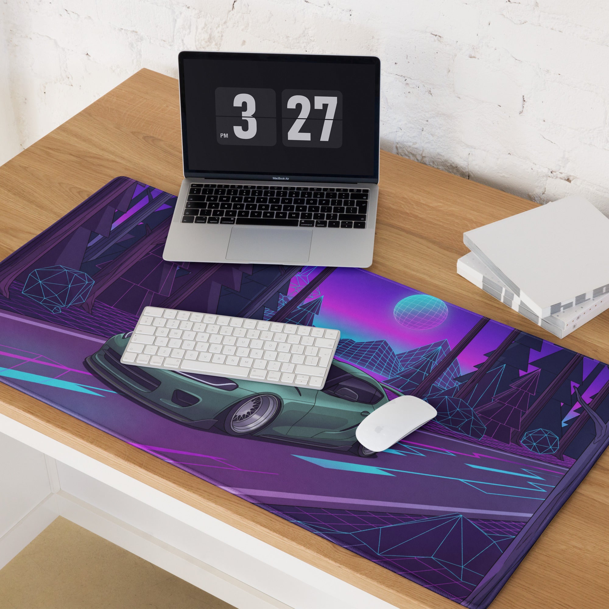 Toyota Supra MK5 Inspired Green Vaporwave Gaming Mouse Pad, Neon JDM Sports Car Desk Mat with Retro Futuristic Forest Grid Art