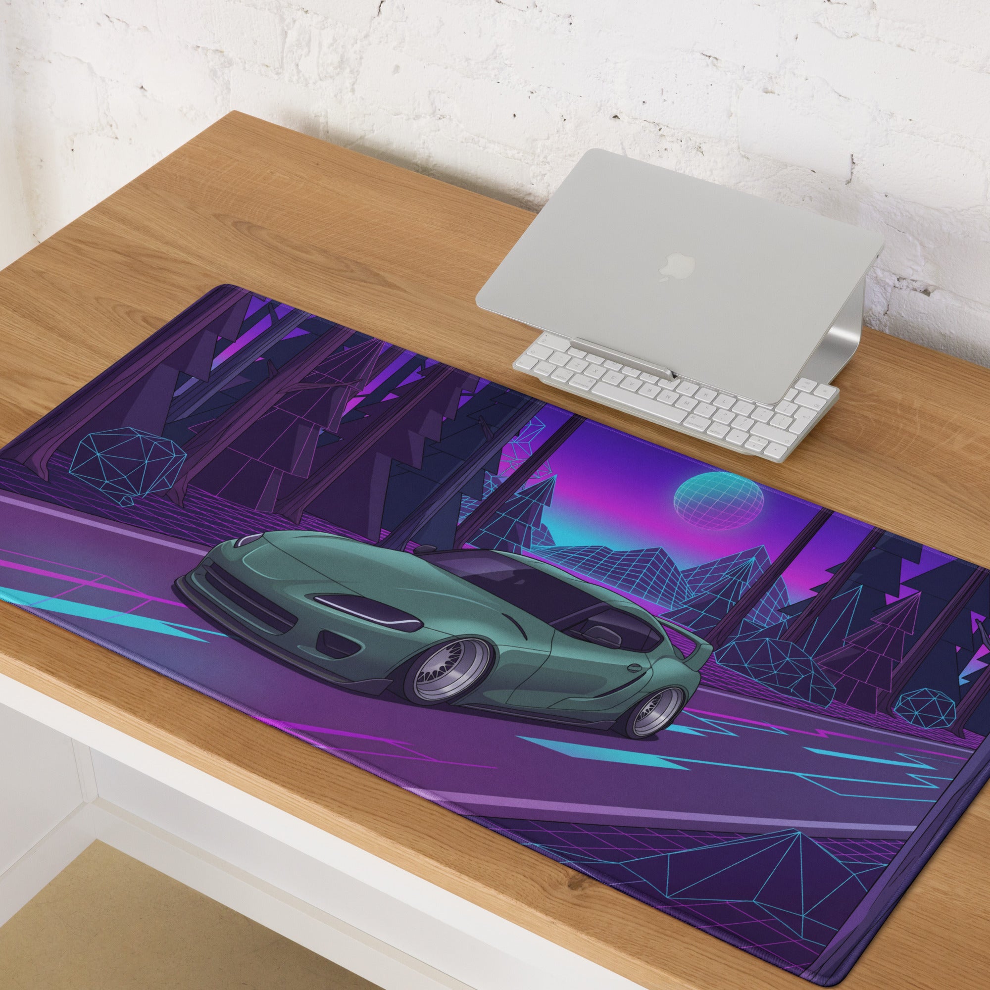 Toyota Supra MK5 Inspired Green Vaporwave Gaming Mouse Pad, Neon JDM Sports Car Desk Mat with Retro Futuristic Forest Grid Art
