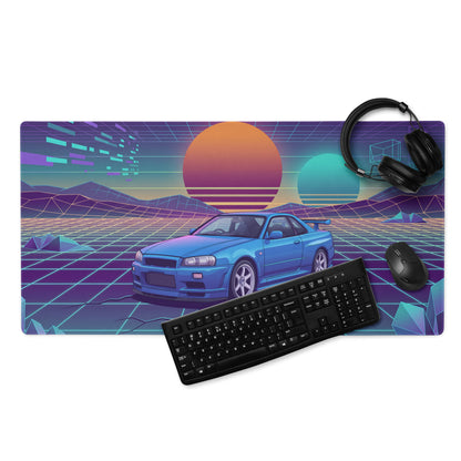 Nissan Skyline GT-R R34 Inspired Blue Vaporwave Gaming Mouse Pad, Neon JDM Sports Car Desk Mat with Retro Futuristic Grid Sunset Art