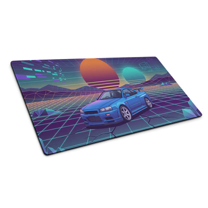 Nissan Skyline GT-R R34 Inspired Blue Vaporwave Gaming Mouse Pad, Neon JDM Sports Car Desk Mat with Retro Futuristic Grid Sunset Art
