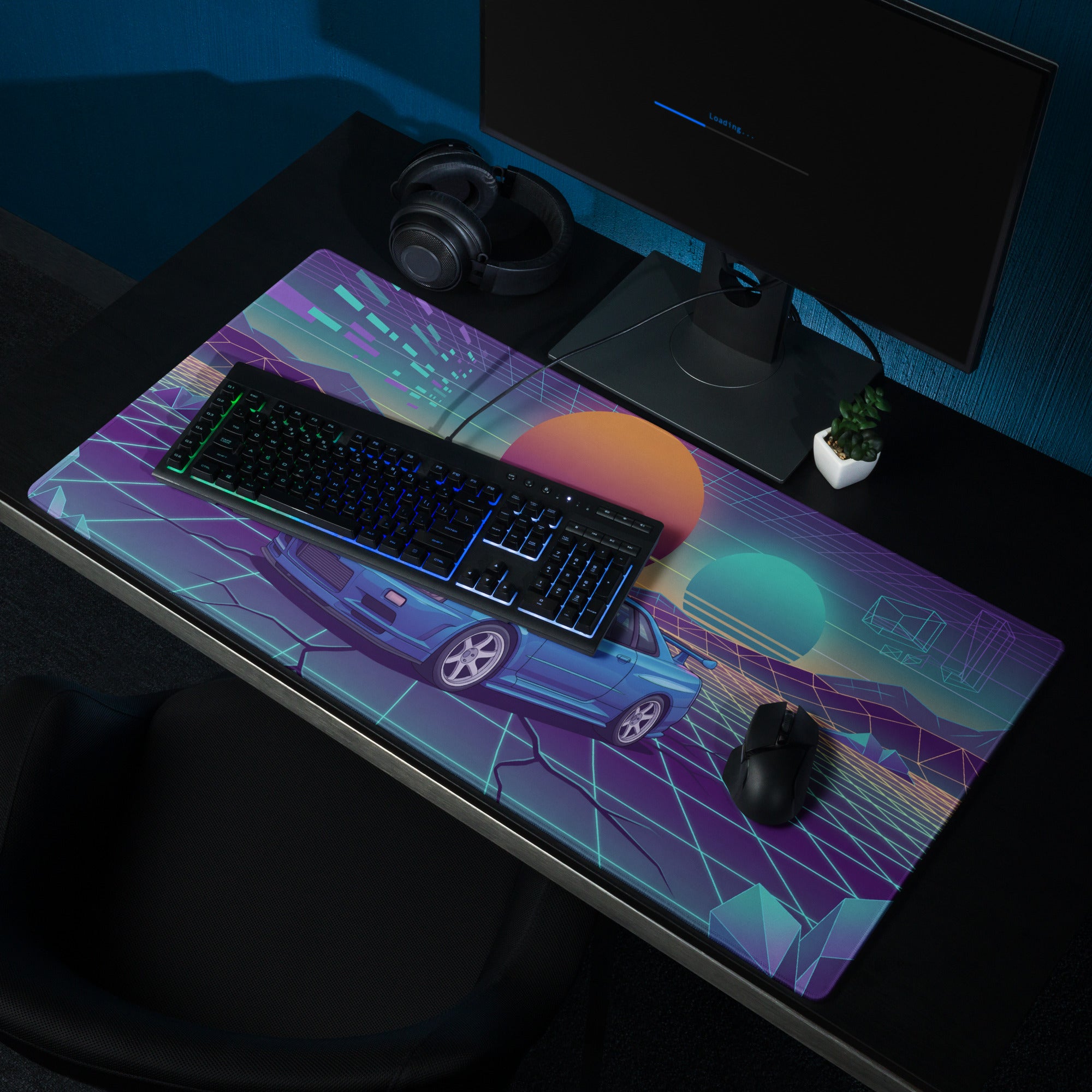 Nissan Skyline GT-R R34 Inspired Blue Vaporwave Gaming Mouse Pad, Neon JDM Sports Car Desk Mat with Retro Futuristic Grid Sunset Art