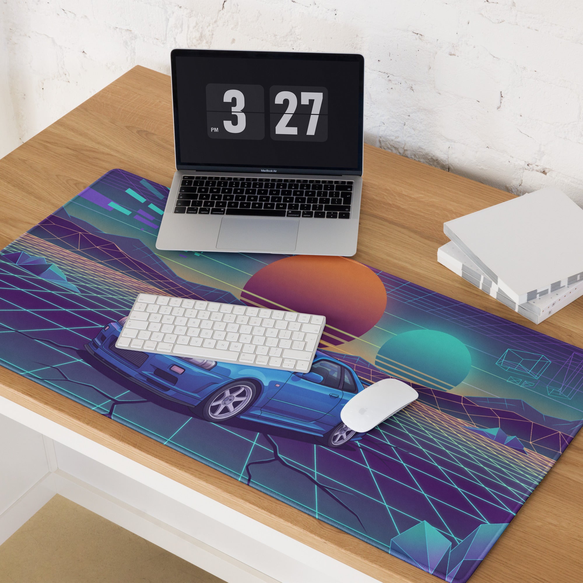 Nissan Skyline GT-R R34 Inspired Blue Vaporwave Gaming Mouse Pad, Neon JDM Sports Car Desk Mat with Retro Futuristic Grid Sunset Art