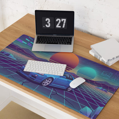Nissan Skyline GT-R R34 Inspired Blue Vaporwave Gaming Mouse Pad, Neon JDM Sports Car Desk Mat with Retro Futuristic Grid Sunset Art