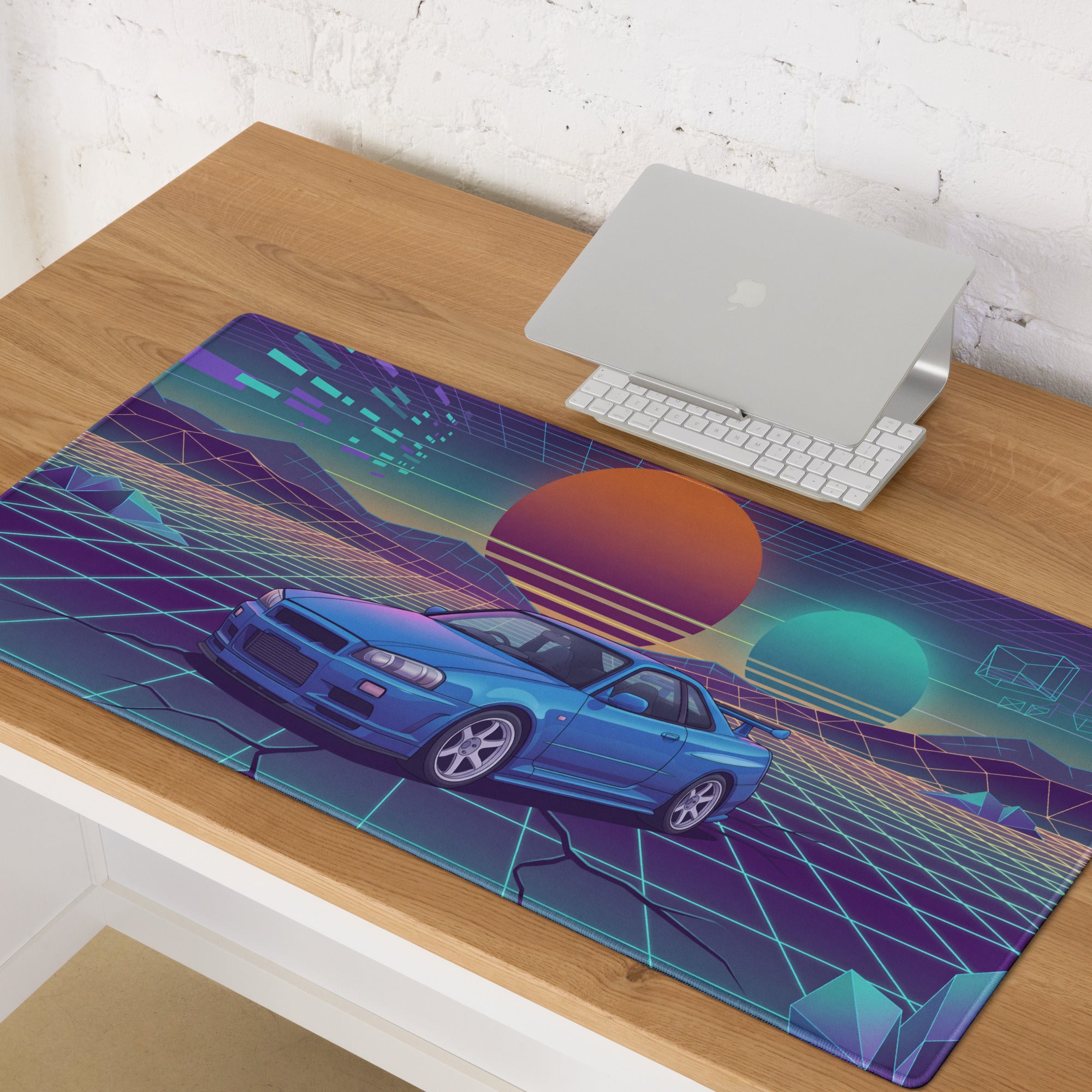 Nissan Skyline GT-R R34 Inspired Blue Vaporwave Gaming Mouse Pad, Neon JDM Sports Car Desk Mat with Retro Futuristic Grid Sunset Art