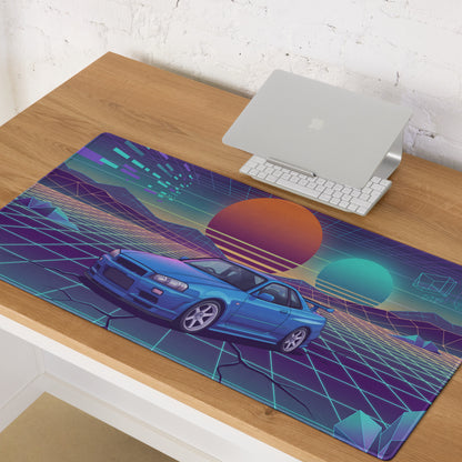 Nissan Skyline GT-R R34 Inspired Blue Vaporwave Gaming Mouse Pad, Neon JDM Sports Car Desk Mat with Retro Futuristic Grid Sunset Art