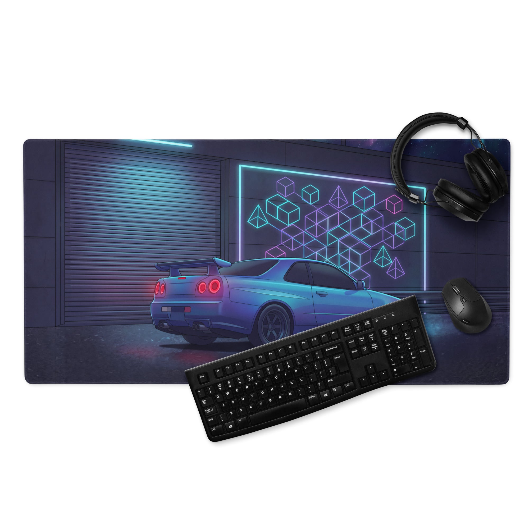 Nissan Skyline GT-R R34 Inspired Blue Vaporwave Gaming Mouse Pad, Neon JDM Sports Car Desk Mat with Cyberpunk Garage and Retro Futuristic Art