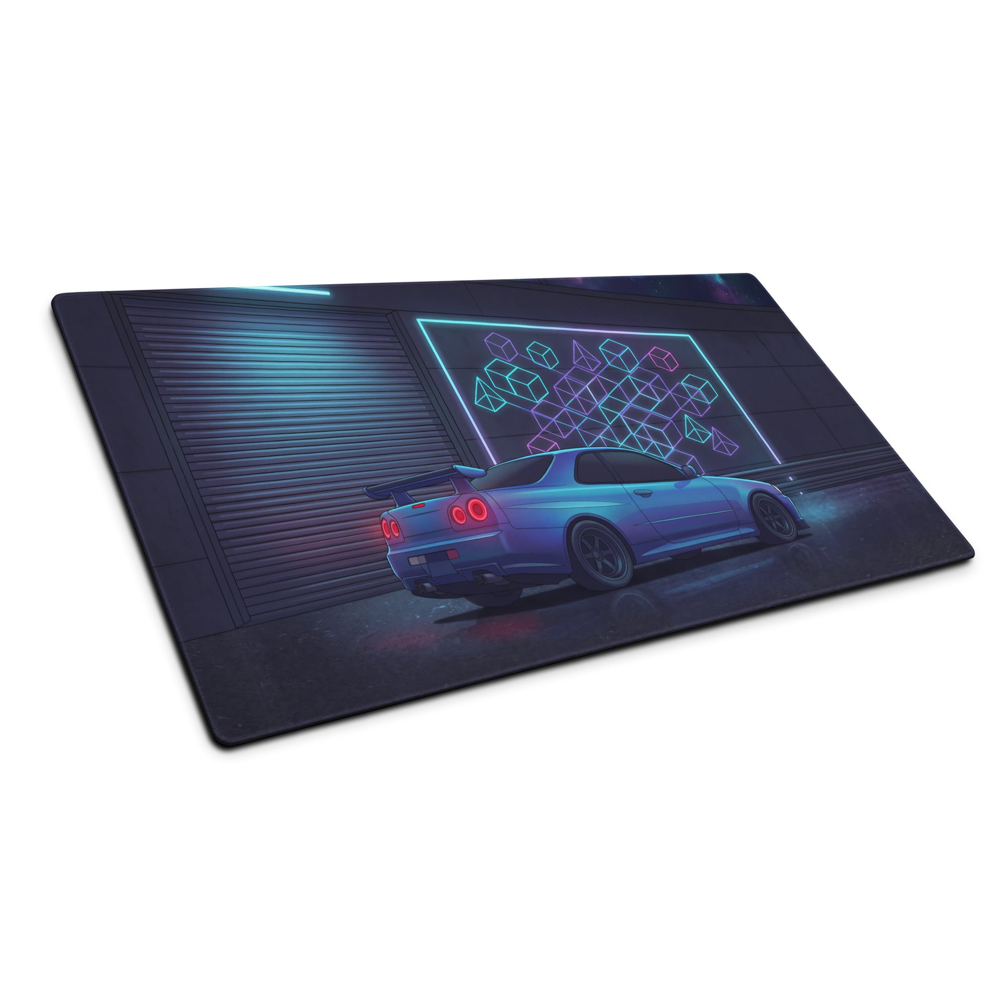 Nissan Skyline GT-R R34 Inspired Blue Vaporwave Gaming Mouse Pad, Neon JDM Sports Car Desk Mat with Cyberpunk Garage and Retro Futuristic Art