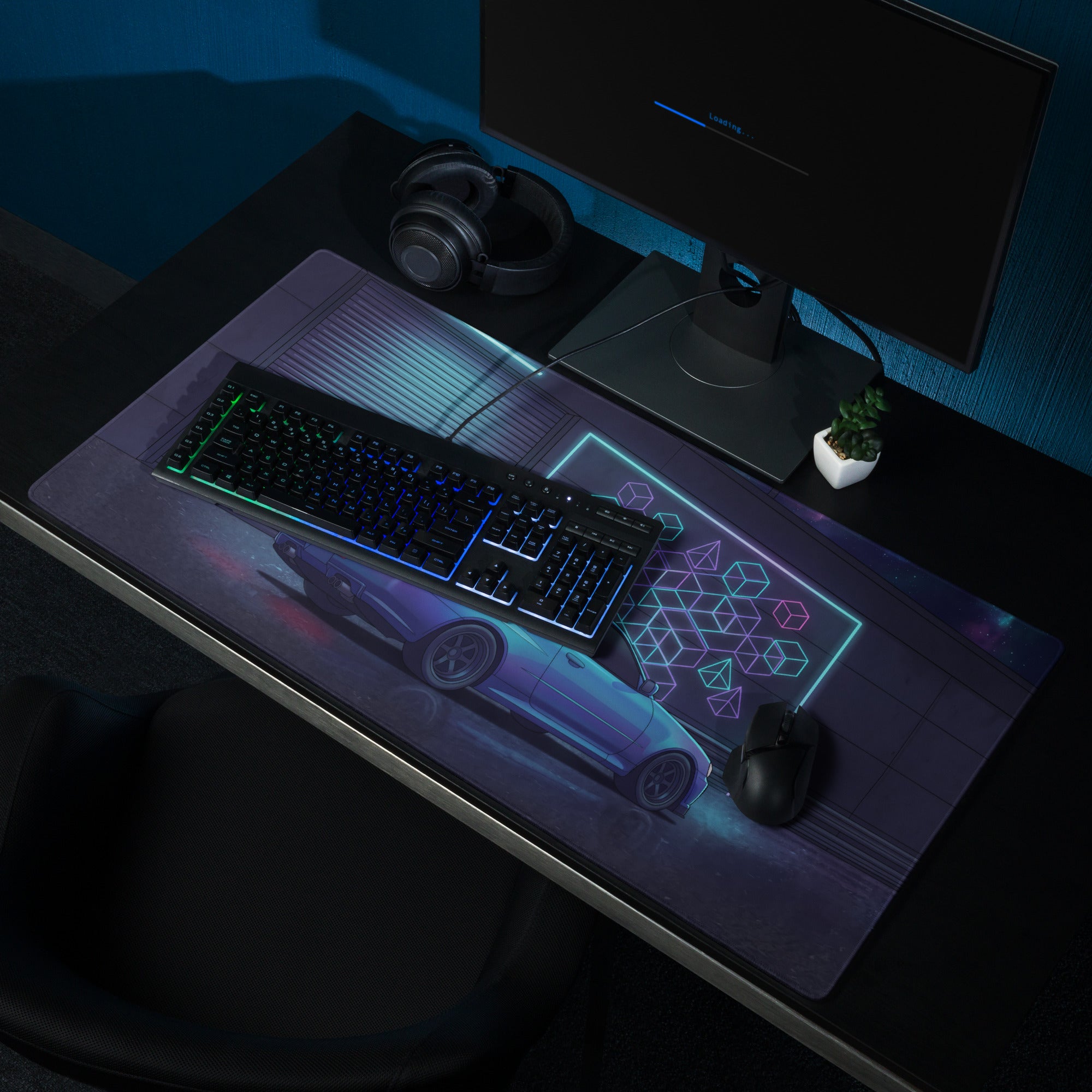 Nissan Skyline GT-R R34 Inspired Blue Vaporwave Gaming Mouse Pad, Neon JDM Sports Car Desk Mat with Cyberpunk Garage and Retro Futuristic Art