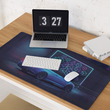 Nissan Skyline GT-R R34 Inspired Blue Vaporwave Gaming Mouse Pad, Neon JDM Sports Car Desk Mat with Cyberpunk Garage and Retro Futuristic Art