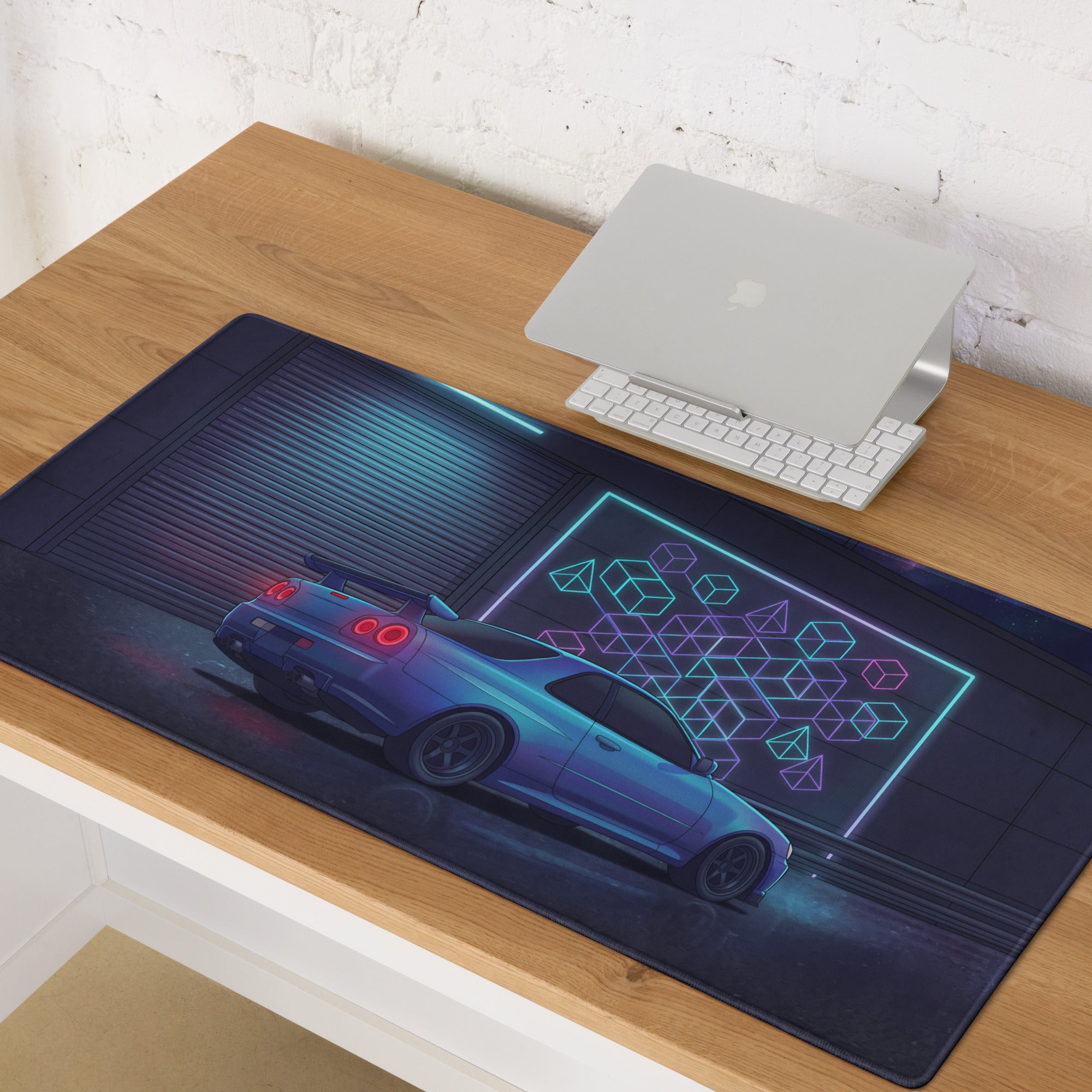 Nissan Skyline GT-R R34 Inspired Blue Vaporwave Gaming Mouse Pad, Neon JDM Sports Car Desk Mat with Cyberpunk Garage and Retro Futuristic Art