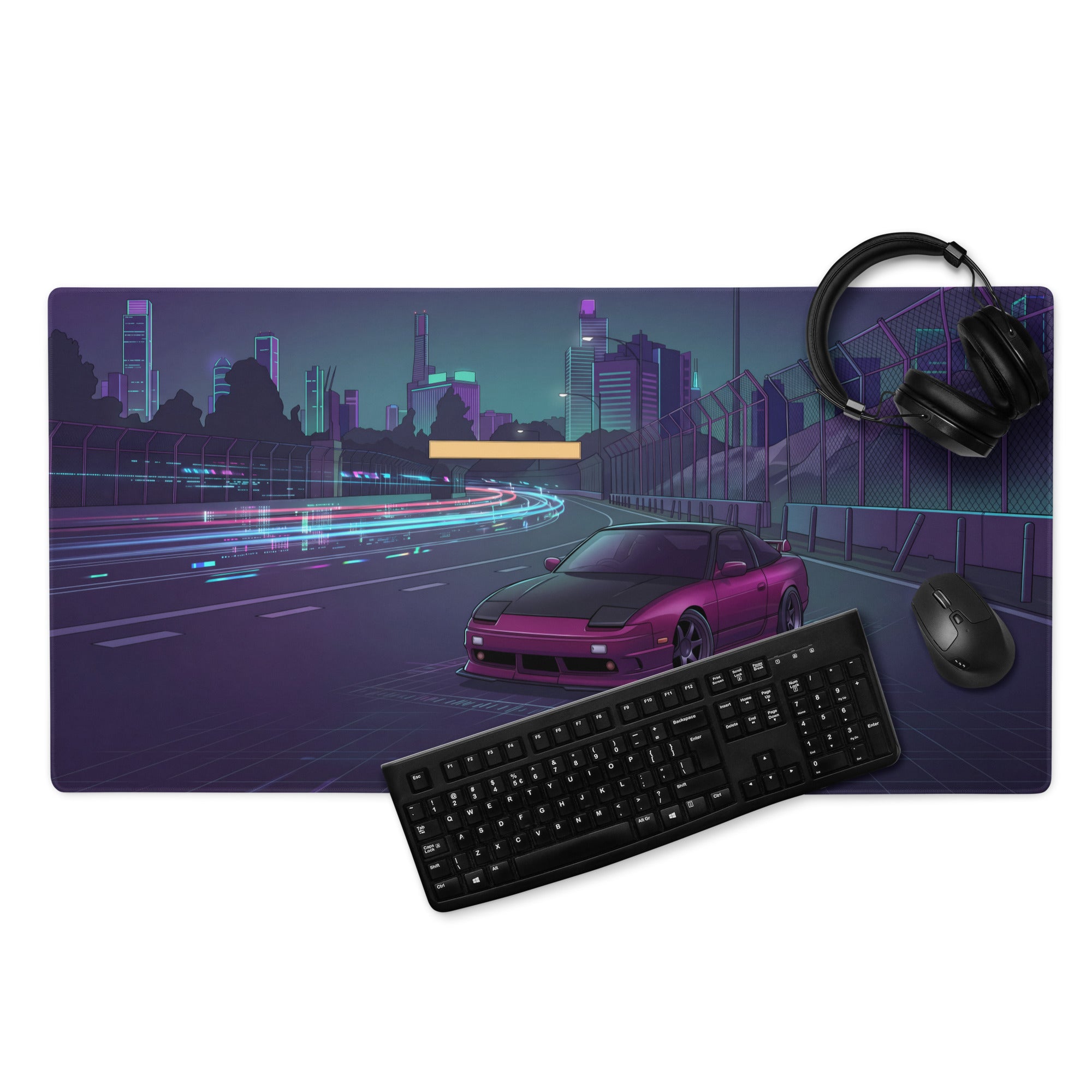 Nissan 180SX S13 Inspired Pink Black Vaporwave Gaming Mouse Pad, Neon JDM Drift Car Desk Mat with Cyberpunk Highway and Retro Futuristic Art