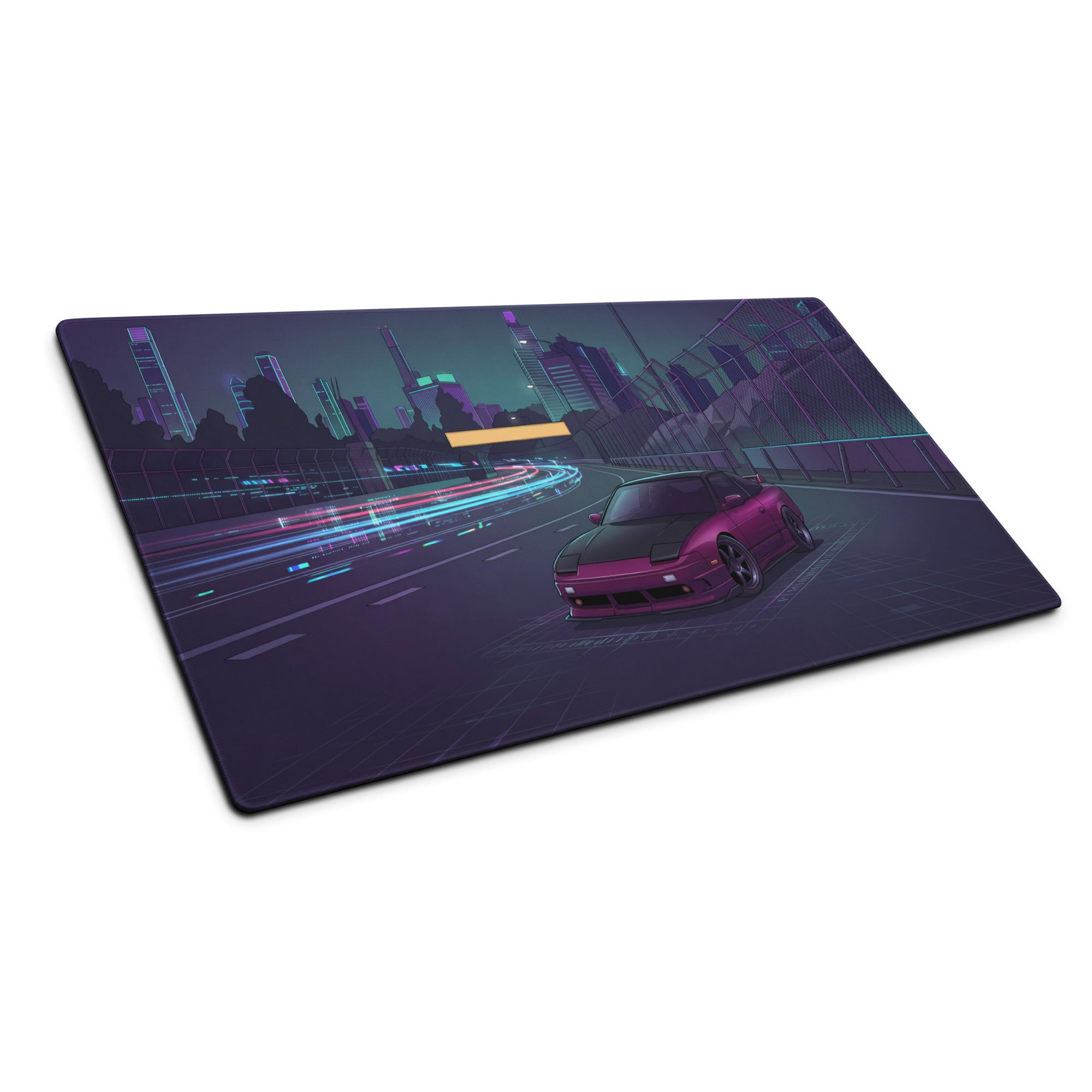 Nissan 180SX S13 Inspired Pink Black Vaporwave Gaming Mouse Pad, Neon JDM Drift Car Desk Mat with Cyberpunk Highway and Retro Futuristic Art