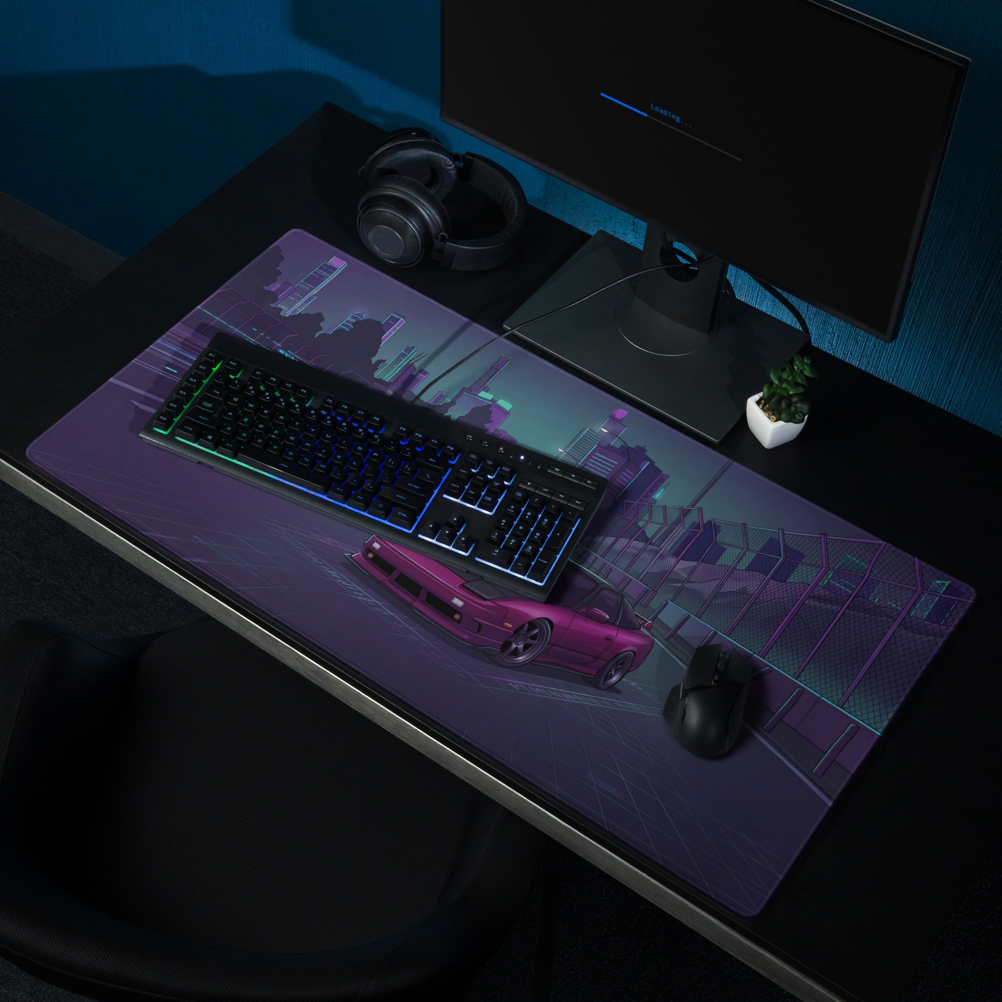Nissan 180SX S13 Inspired Pink Black Vaporwave Gaming Mouse Pad, Neon JDM Drift Car Desk Mat with Cyberpunk Highway and Retro Futuristic Art