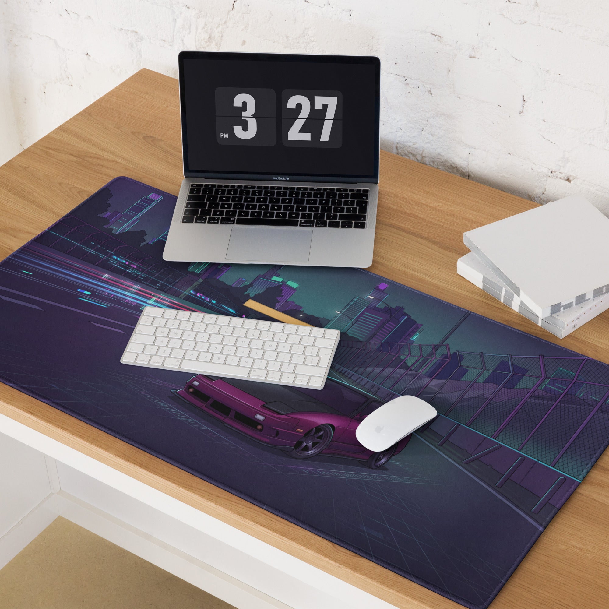 Nissan 180SX S13 Inspired Pink Black Vaporwave Gaming Mouse Pad, Neon JDM Drift Car Desk Mat with Cyberpunk Highway and Retro Futuristic Art