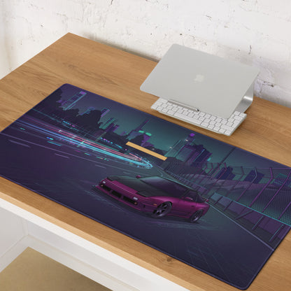Nissan 180SX S13 Inspired Pink Black Vaporwave Gaming Mouse Pad, Neon JDM Drift Car Desk Mat with Cyberpunk Highway and Retro Futuristic Art
