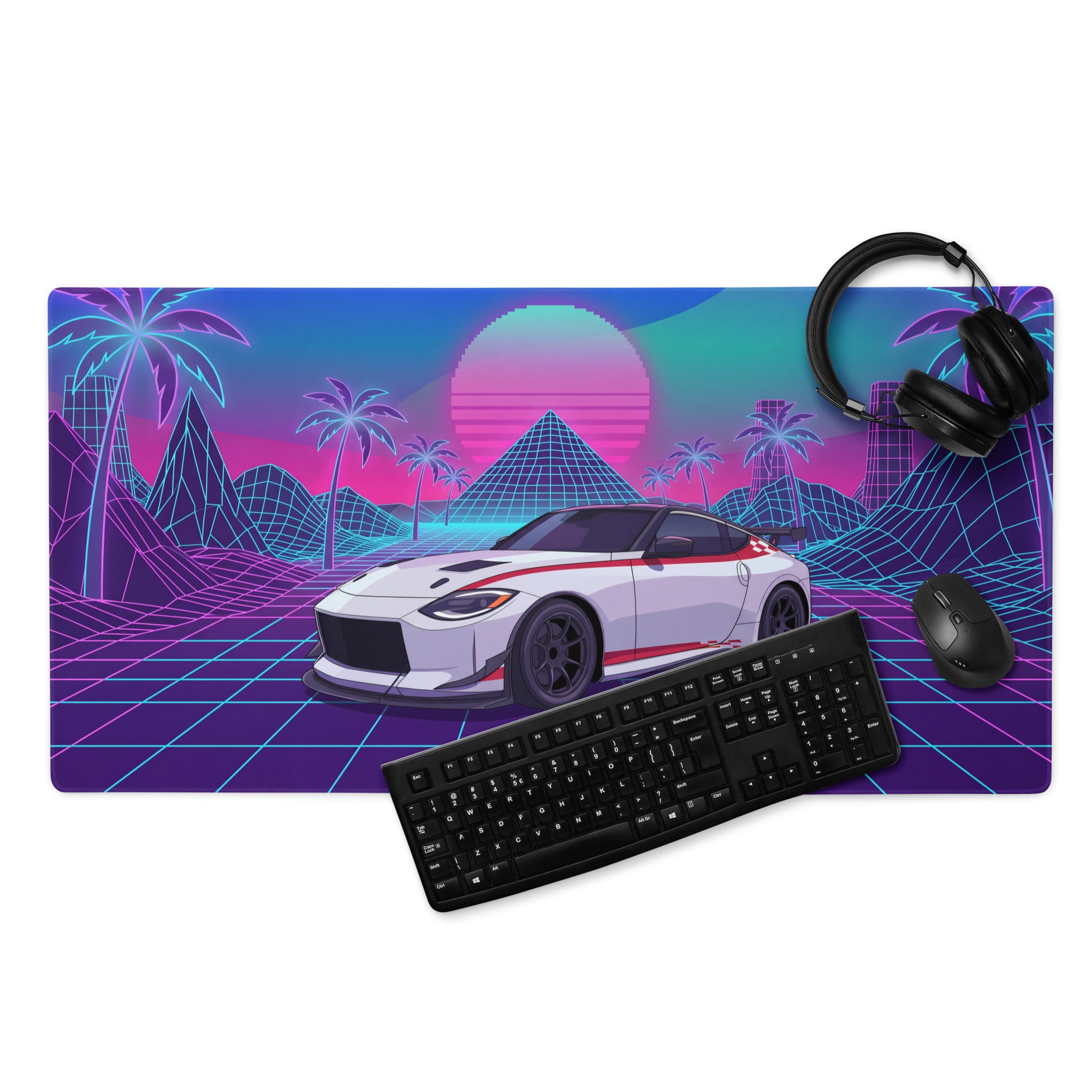 Nissan Z RZ34 Inspired White Red Vaporwave Gaming Mouse Pad, Neon JDM Sports Car Desk Mat with Retro Futuristic Synthwave Grid Art