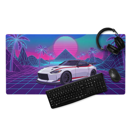 Nissan Z RZ34 Inspired White Red Vaporwave Gaming Mouse Pad, Neon JDM Sports Car Desk Mat with Retro Futuristic Synthwave Grid Art