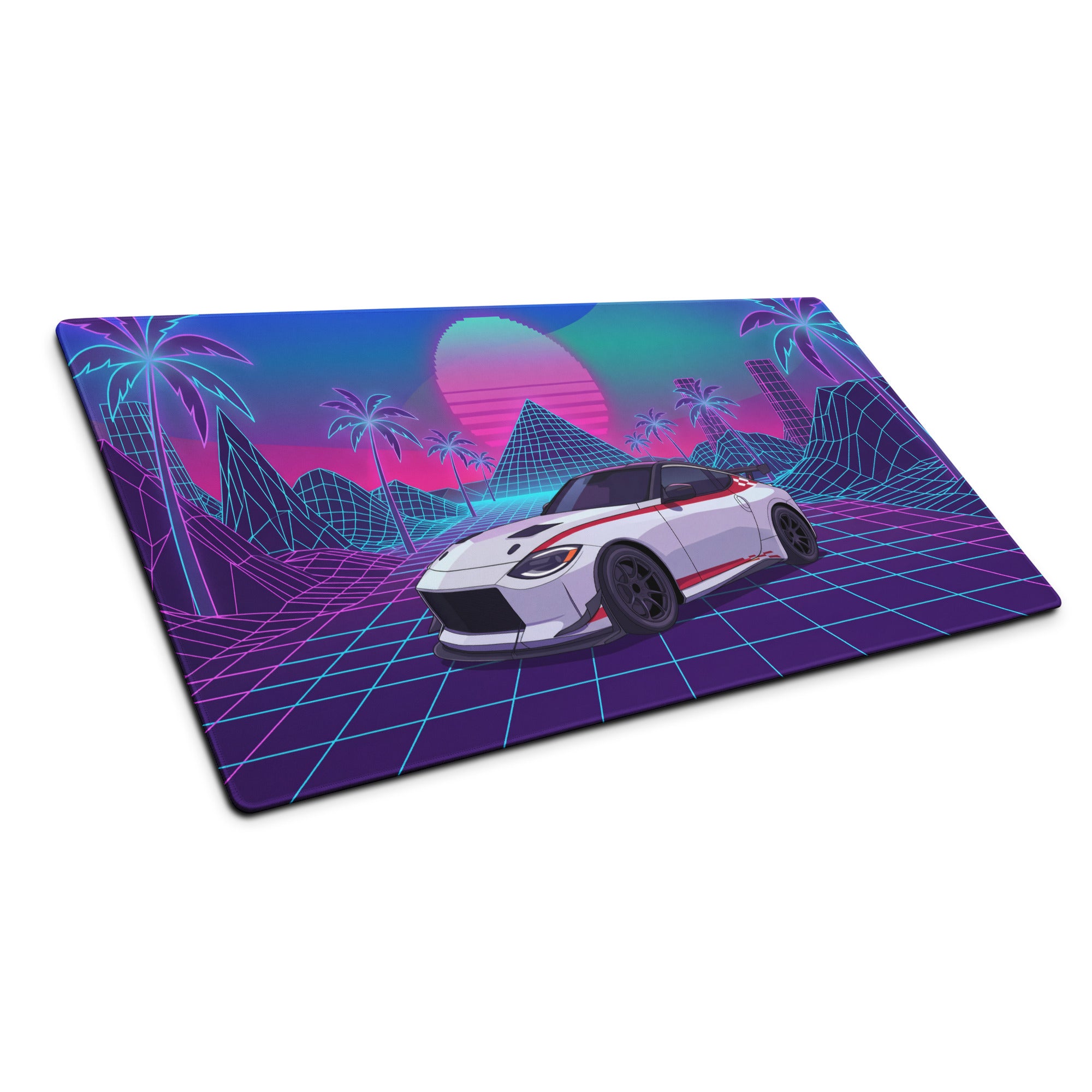 Nissan Z RZ34 Inspired White Red Vaporwave Gaming Mouse Pad, Neon JDM Sports Car Desk Mat with Retro Futuristic Synthwave Grid Art