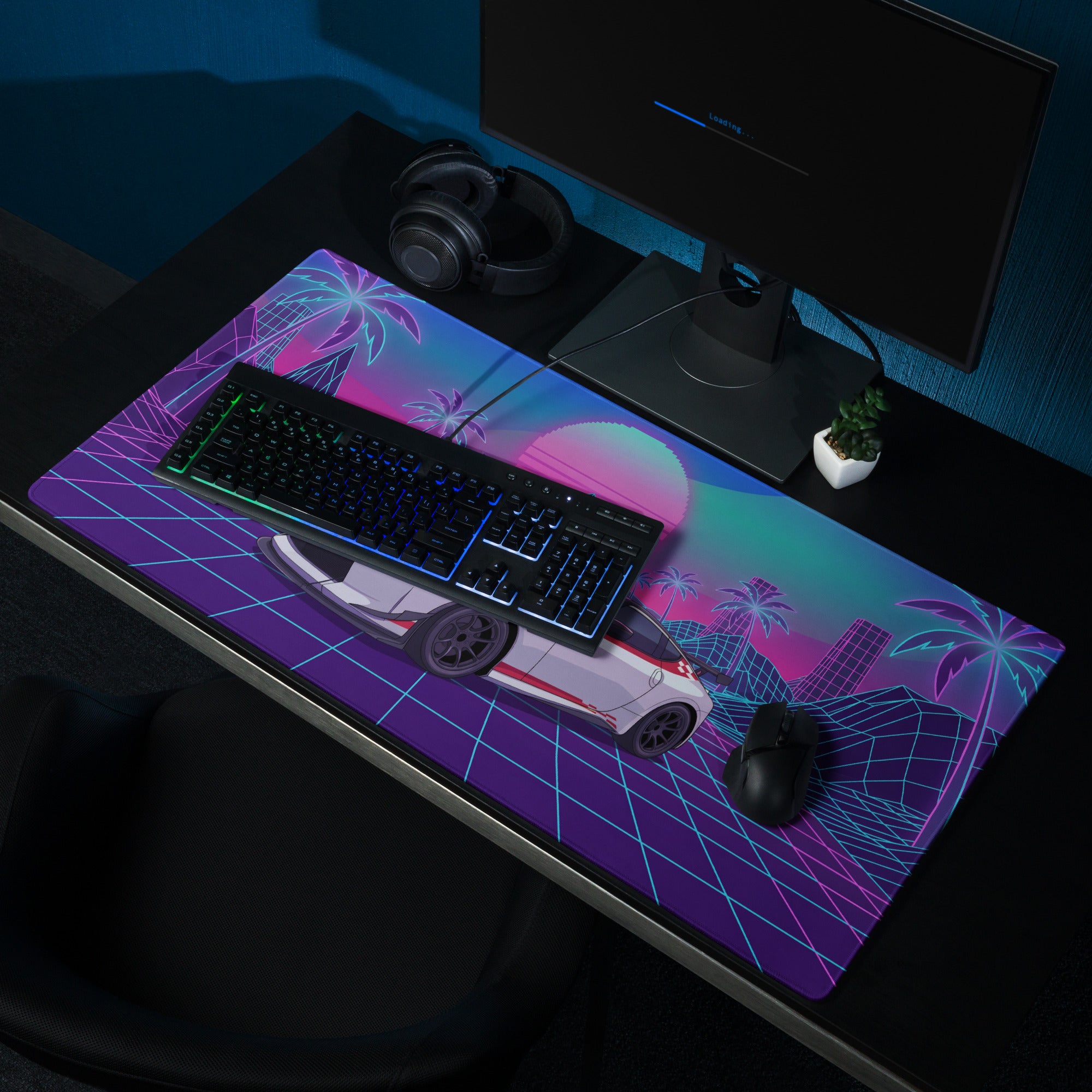 Nissan Z RZ34 Inspired White Red Vaporwave Gaming Mouse Pad, Neon JDM Sports Car Desk Mat with Retro Futuristic Synthwave Grid Art