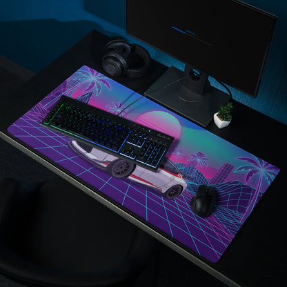 Nissan Z RZ34 Inspired White Red Vaporwave Gaming Mouse Pad, Neon JDM Sports Car Desk Mat with Retro Futuristic Synthwave Grid Art