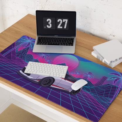 Nissan Z RZ34 Inspired White Red Vaporwave Gaming Mouse Pad, Neon JDM Sports Car Desk Mat with Retro Futuristic Synthwave Grid Art