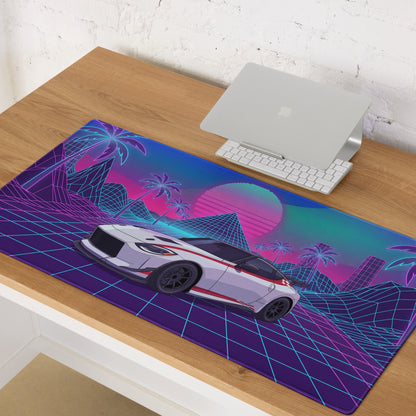 Nissan Z RZ34 Inspired White Red Vaporwave Gaming Mouse Pad, Neon JDM Sports Car Desk Mat with Retro Futuristic Synthwave Grid Art