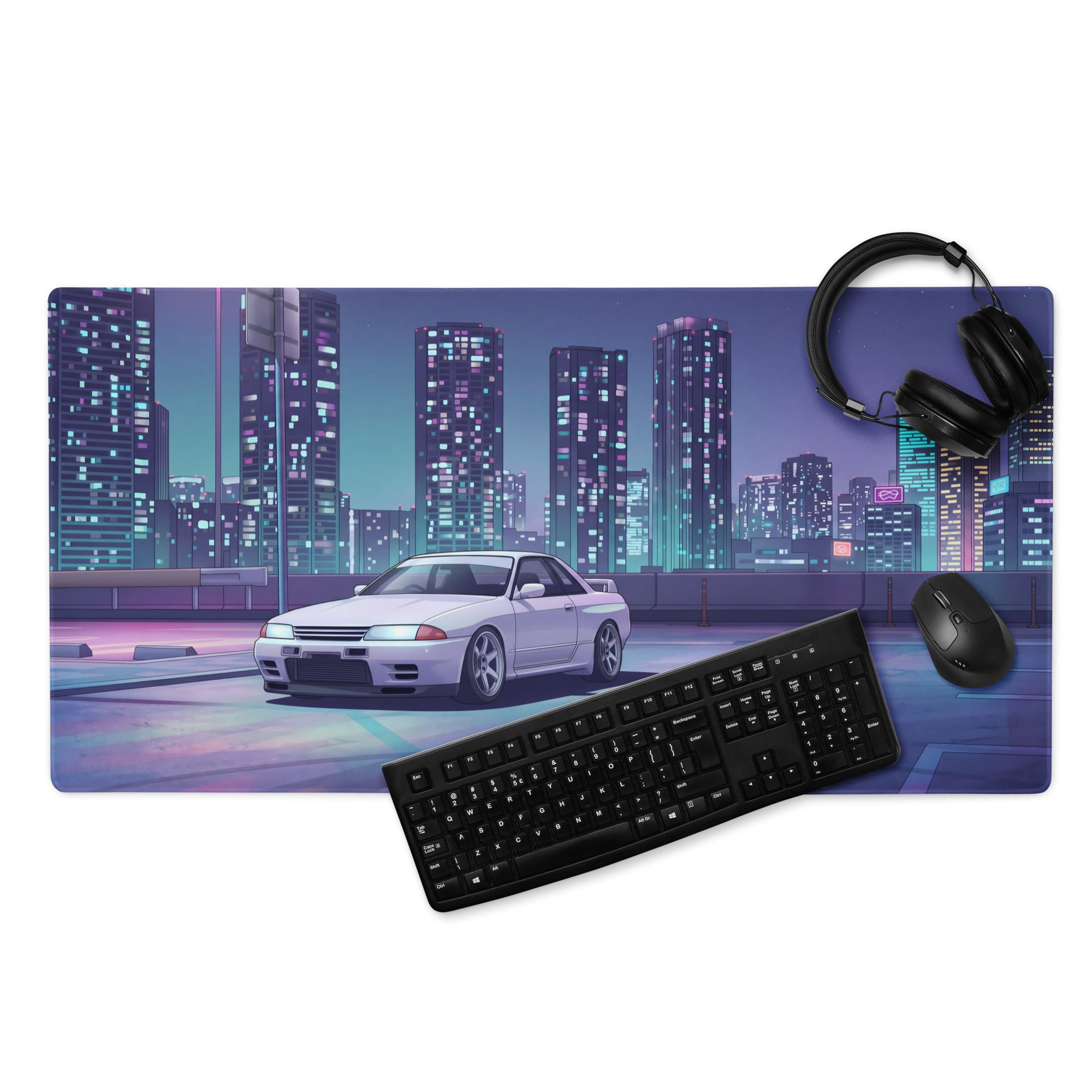 Nissan Skyline GT-R R32 Inspired White Vaporwave Gaming Mouse Pad, Neon JDM Sports Car Desk Mat with Retro Futuristic Cyberpunk City Art
