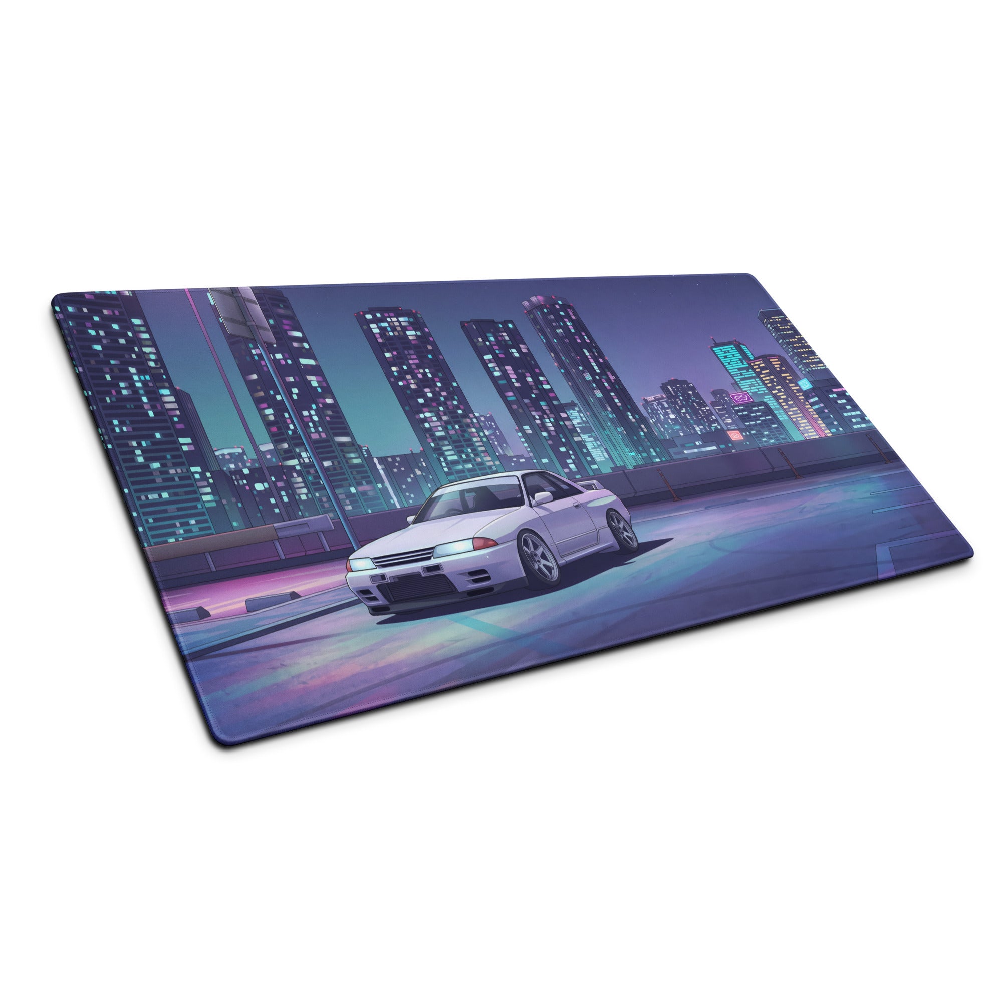 Nissan Skyline GT-R R32 Inspired White Vaporwave Gaming Mouse Pad, Neon JDM Sports Car Desk Mat with Retro Futuristic Cyberpunk City Art