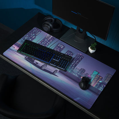 Nissan Skyline GT-R R32 Inspired White Vaporwave Gaming Mouse Pad, Neon JDM Sports Car Desk Mat with Retro Futuristic Cyberpunk City Art