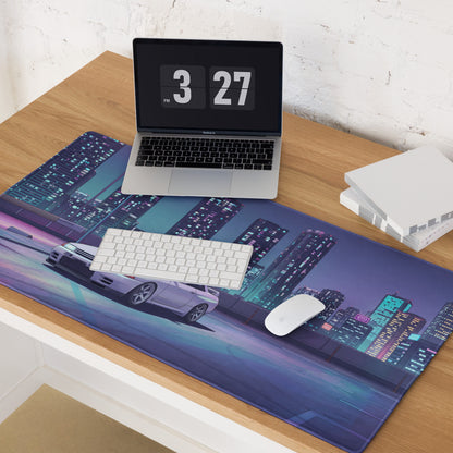Nissan Skyline GT-R R32 Inspired White Vaporwave Gaming Mouse Pad, Neon JDM Sports Car Desk Mat with Retro Futuristic Cyberpunk City Art
