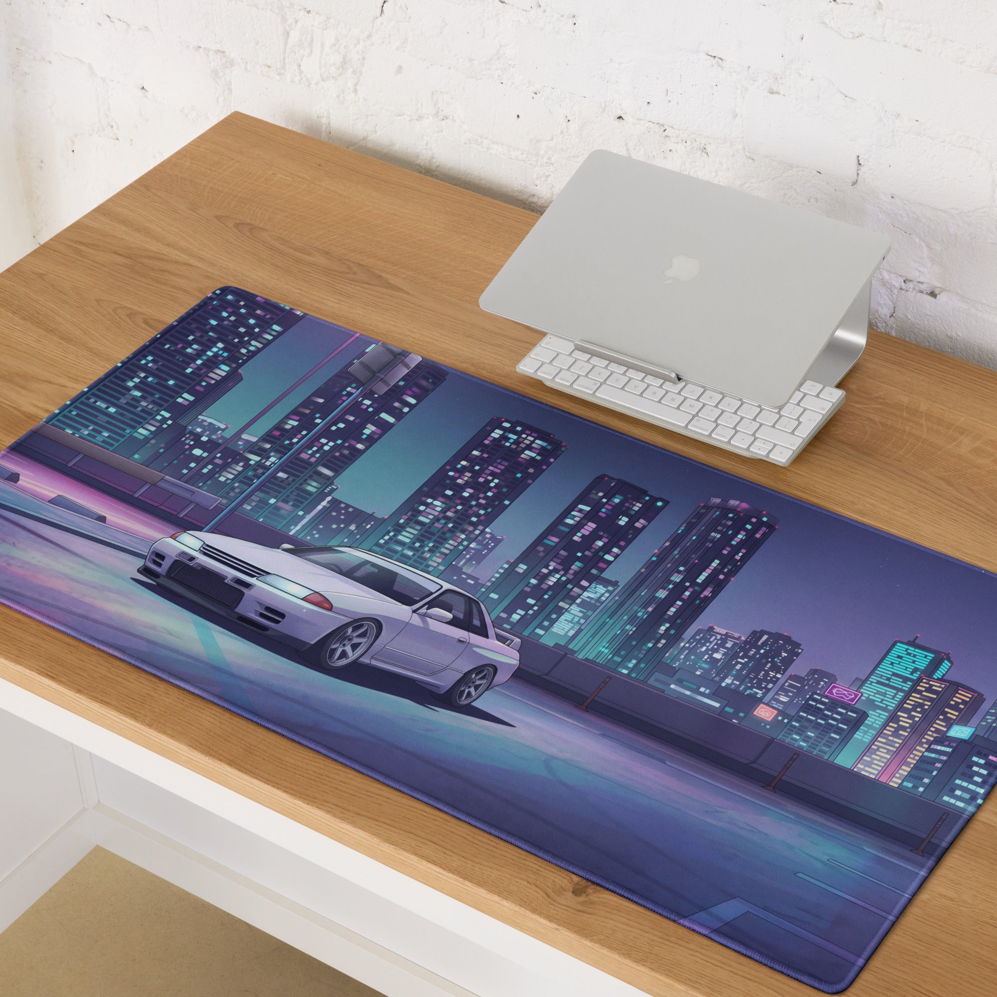Nissan Skyline GT-R R32 Inspired White Vaporwave Gaming Mouse Pad, Neon JDM Sports Car Desk Mat with Retro Futuristic Cyberpunk City Art