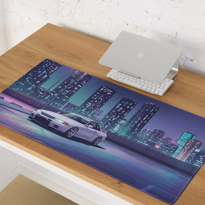 Nissan Skyline GT-R R32 Inspired White Vaporwave Gaming Mouse Pad, Neon JDM Sports Car Desk Mat with Retro Futuristic Cyberpunk City Art