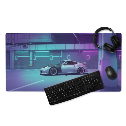 Nissan 370Z Inspired White Vaporwave Gaming Mouse Pad, Neon JDM Sports Car Desk Mat with Cyberpunk Garage Art and Retro Futuristic Style