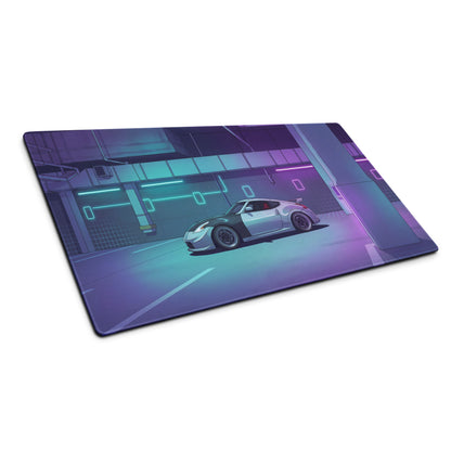 Nissan 370Z Inspired White Vaporwave Gaming Mouse Pad, Neon JDM Sports Car Desk Mat with Cyberpunk Garage Art and Retro Futuristic Style
