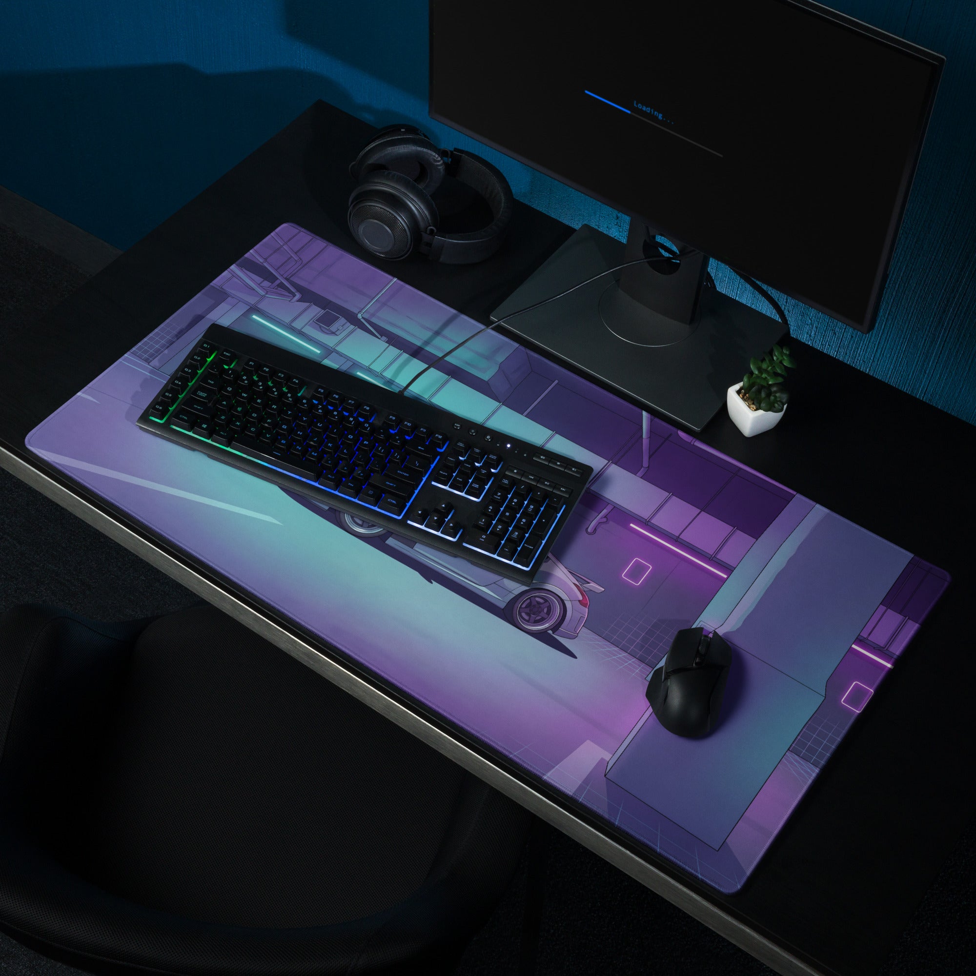 Nissan 370Z Inspired White Vaporwave Gaming Mouse Pad, Neon JDM Sports Car Desk Mat with Cyberpunk Garage Art and Retro Futuristic Style