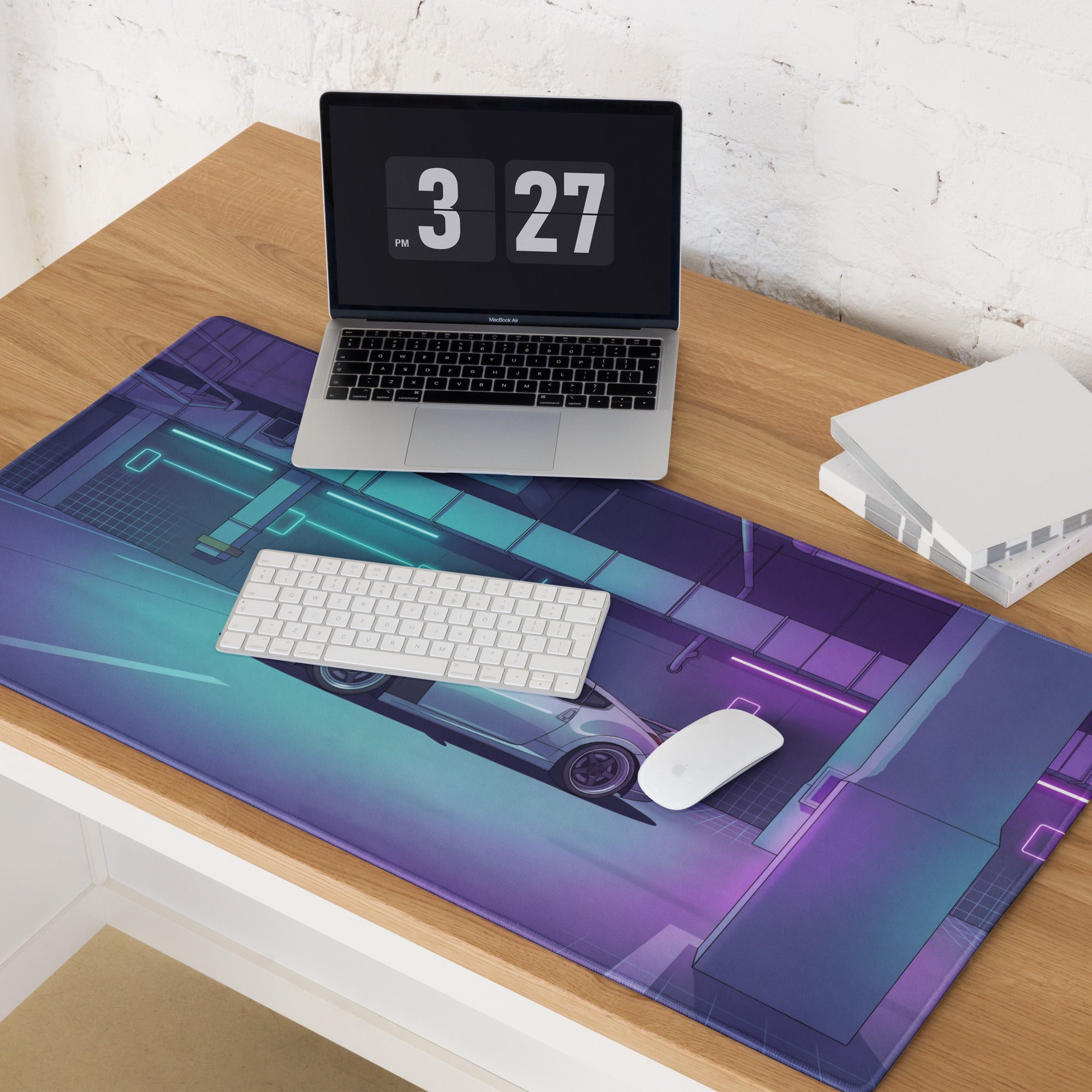 Nissan 370Z Inspired White Vaporwave Gaming Mouse Pad, Neon JDM Sports Car Desk Mat with Cyberpunk Garage Art and Retro Futuristic Style